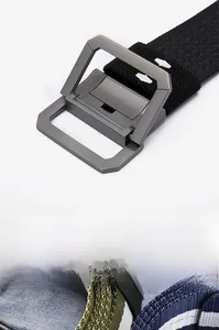Close-up of lightweight breathable canvas belt fabric and high quality metal buckle