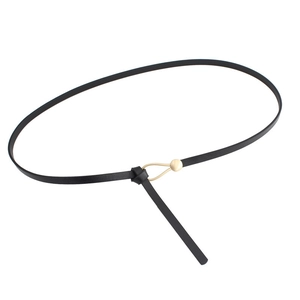 Minimalist black slim waist belt with gold round buckle for dresses and sweaters