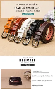 Detailed view of hollowed PU leather belts in five colors with vintage alloy buckles