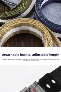 Detail showing the adjustable length feature and removable buckle of striped canvas belts