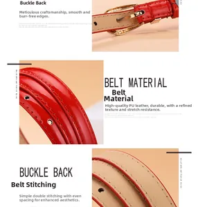 Détail d'une ceinture en similicuir rouge brillant avec boucle dorée et surpiqûres