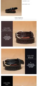 Detail of vintage hollow-out leather belt with round buckle and contrast stitching