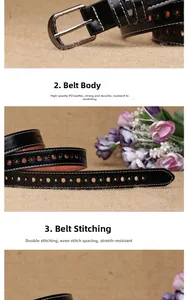 Detail view of hollow pattern black PU leather belt with silver pin buckle and dual stitching