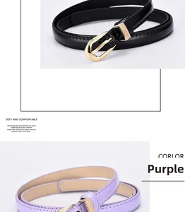 Détails de ceintures fines en cuir brillant noir et violet avec boucles dorées chic