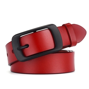 Retro red leather belt with matte black square pin buckle for vintage jeans style