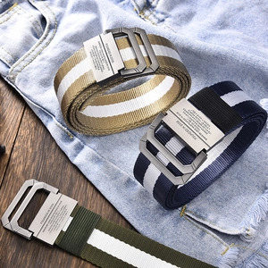 Canvas nylon belts with double D-ring metal buckles in khaki, navy, and army green stripes