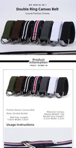 Detail view of colorful canvas belts with double D-ring metal buckles and size specifications
