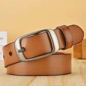 Fashionable brown faux leather belt for women featuring a brushed metal pin buckle