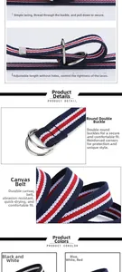 Detail view of durable striped canvas belt with adjustable double D-ring metal buckle