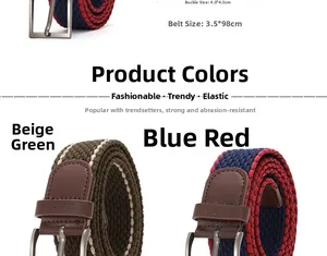 Detail view of woven elastic belts with metal buckles and leather trim specifications