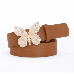 Brown frosted leather belt for women with elegant golden rhinestone butterfly buckle