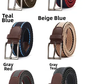 Detailed view of woven elastic belts featuring textured patterns and brushed metal buckles