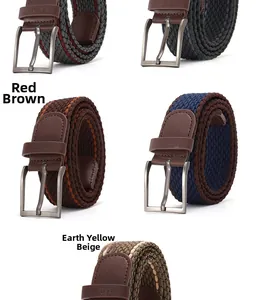 Detail of diverse woven elastic belts in five colors with metal pin buckles and leather accents