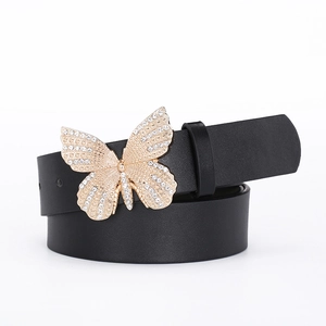 Women's black leather belt with sparkling gold rhinestone butterfly buckle for dresses