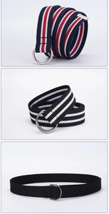 Three-color canvas belts with classic metal D-ring buckles in stripe and solid black