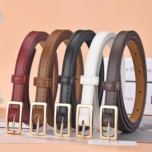 Women Slim Faux Leather Belt With Gold Alloy Pin Buckle Simple Versatile Fashion Waist Strap For Dress Jeans Skirt