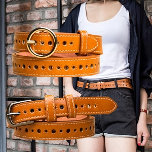 Vintage hollowed-out leather belt with sun pattern and contrast stitching in brown
