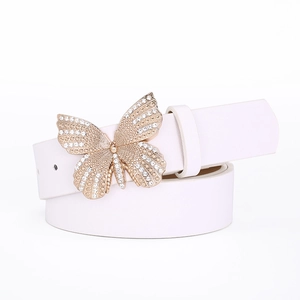 White leather belt for women featuring a stylish gold butterfly buckle with sparkling rhinestones