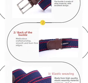 Detail of elastic woven belt with alloy pin buckle and brown leather reinforced end