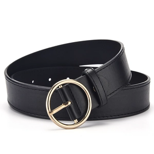 Cinturón clásico negro de cuero sintético para mujer con hebilla redonda dorada elegante