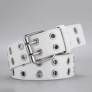 Ceinture punk blanche en similicuir avec double œillet et boucle ardillon argentée