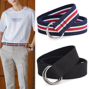Classic Double D-Ring Canvas Woven Belt For Men And Women Casual Outdoor Adjustable Solid Striped Waist Belt