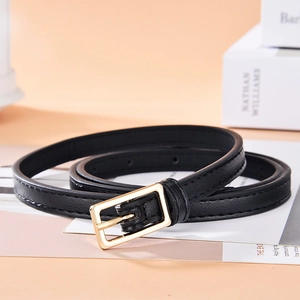 Minimalist black leather skinny belt for women with elegant golden rectangle pin buckle