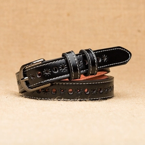 Retro black leather belt with hollow sunflower patterns and silver needle buckle