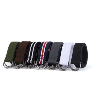 Variety of casual canvas belts with classic metal D-ring buckles in multiple colors