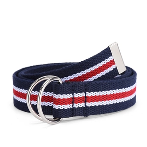 Navy blue canvas woven belt with classic red white stripes and silver double D-ring buckle