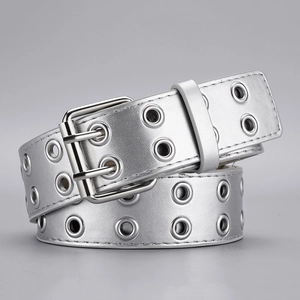 Ceinture punk argentée à double ardillon avec œillets métalliques doubles