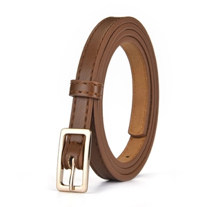 Classic brown leather thin waist belt for women with elegant gold metal needle buckle