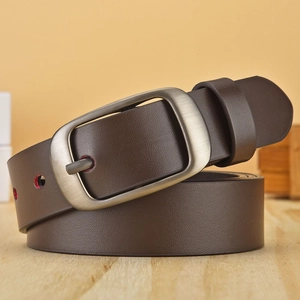 Classic dark brown leather belt for women with elegant brushed silver metal pin buckle