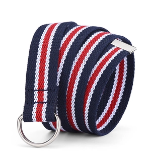 Classic tri-color striped canvas belt with silver double D-ring buckle for men and women