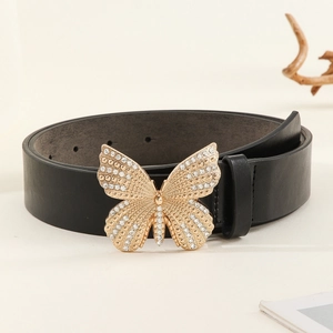 Fashion Women Faux Leather Belt With Rhinestone Butterfly Buckle Elegant Versatile Waistband For Dresses Jeans Jewelry