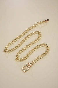 Detail of a gold flat chunky chain link belt with a polished metallic finish and buckle