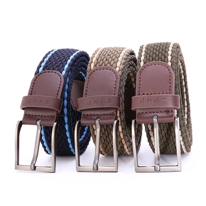 Elastic nylon woven belts in three colors with silver metal buckles and leather details