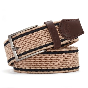 Elastic woven nylon belt with navy and beige patterns and a matte silver buckle