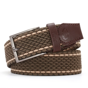 Elastic woven nylon belt with dark brown and tan braided pattern and matte metal buckle