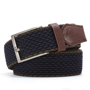 Elastic nylon woven belt for men and women with metal pin buckle and leather details