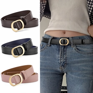Ceinture Femme Minimaliste en Similicuir Conception Sans Trou Alliage Or Boucle Ovale Ceinture Chic pour Jeans Pantalons Robes