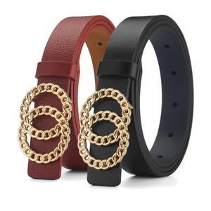 Fashion Women Faux Leather Belt With Golden Alloy Double Round Ring Buckle Versatile Personality Waistband For Dresses