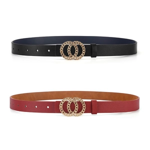 Women's faux leather belt with golden double interlocking circle buckle in black and red