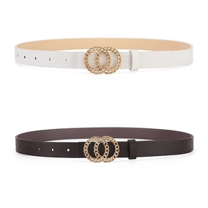 Women's skinny leather belts with double gold rings in black and white set
