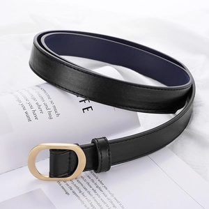 Ceinture minimaliste en cuir noir pour femme avec boucle ovale dorée et coutures fines