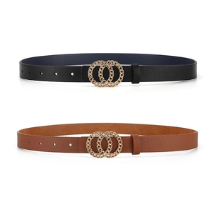 Minimalist black and brown leather belts with gold double ring buckles for women dresses