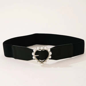 Cintura elastica larga nera da donna con fibbia a cuore decorata con perle chic