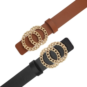 Women's leather belts in black and brown with golden double circle buckles