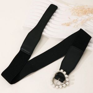 Cintura elastica da donna con fibbia a cuore decorata con perle su tessuto nero elasticizzato