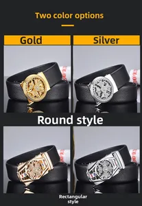 Detail of luxury men's leather belts with rotating rhinestone buckles in gold and silver